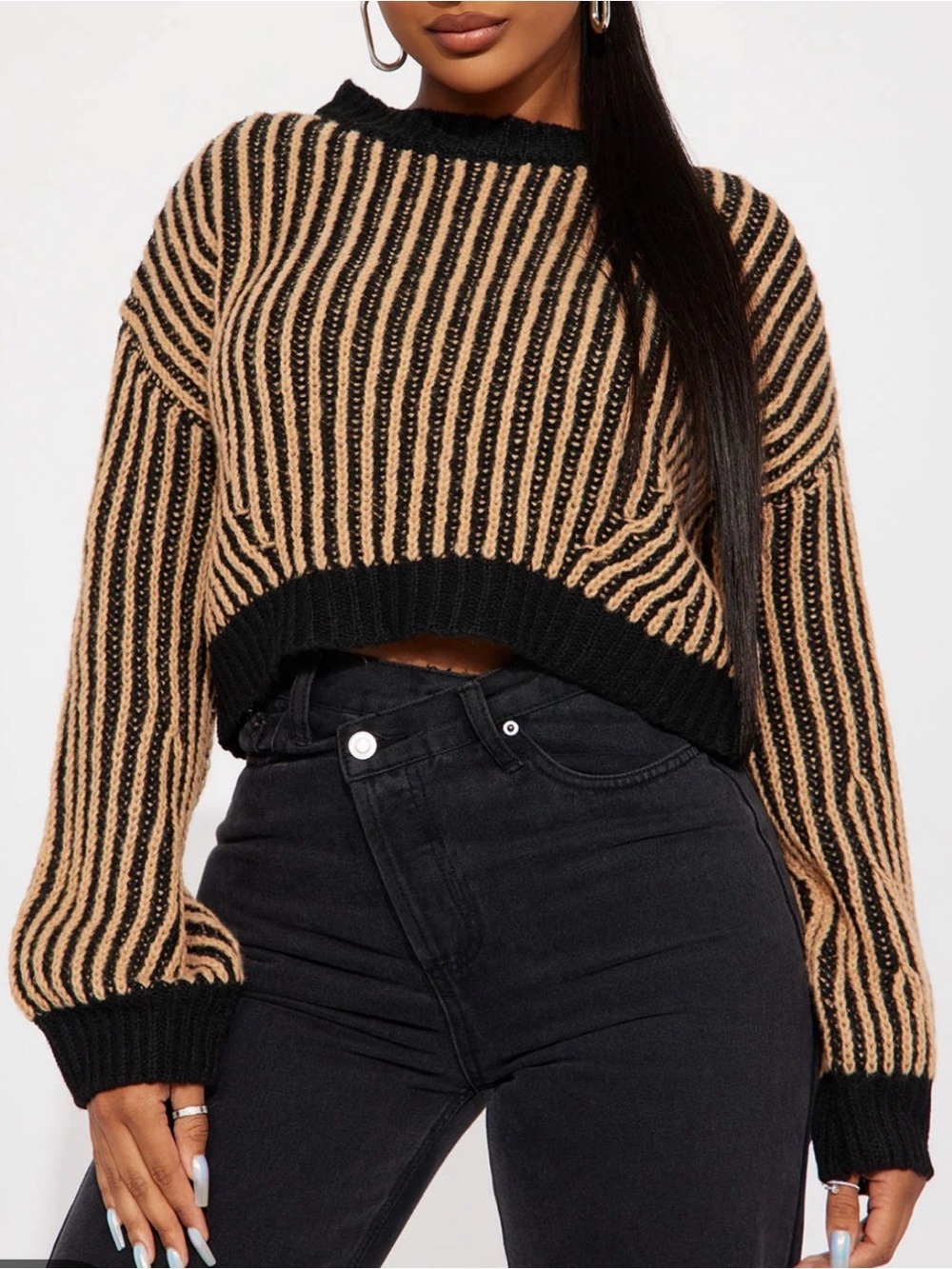 Fashion Nova Black and Tan Striped Cropped Crewneck Sweater Ribbed Knit